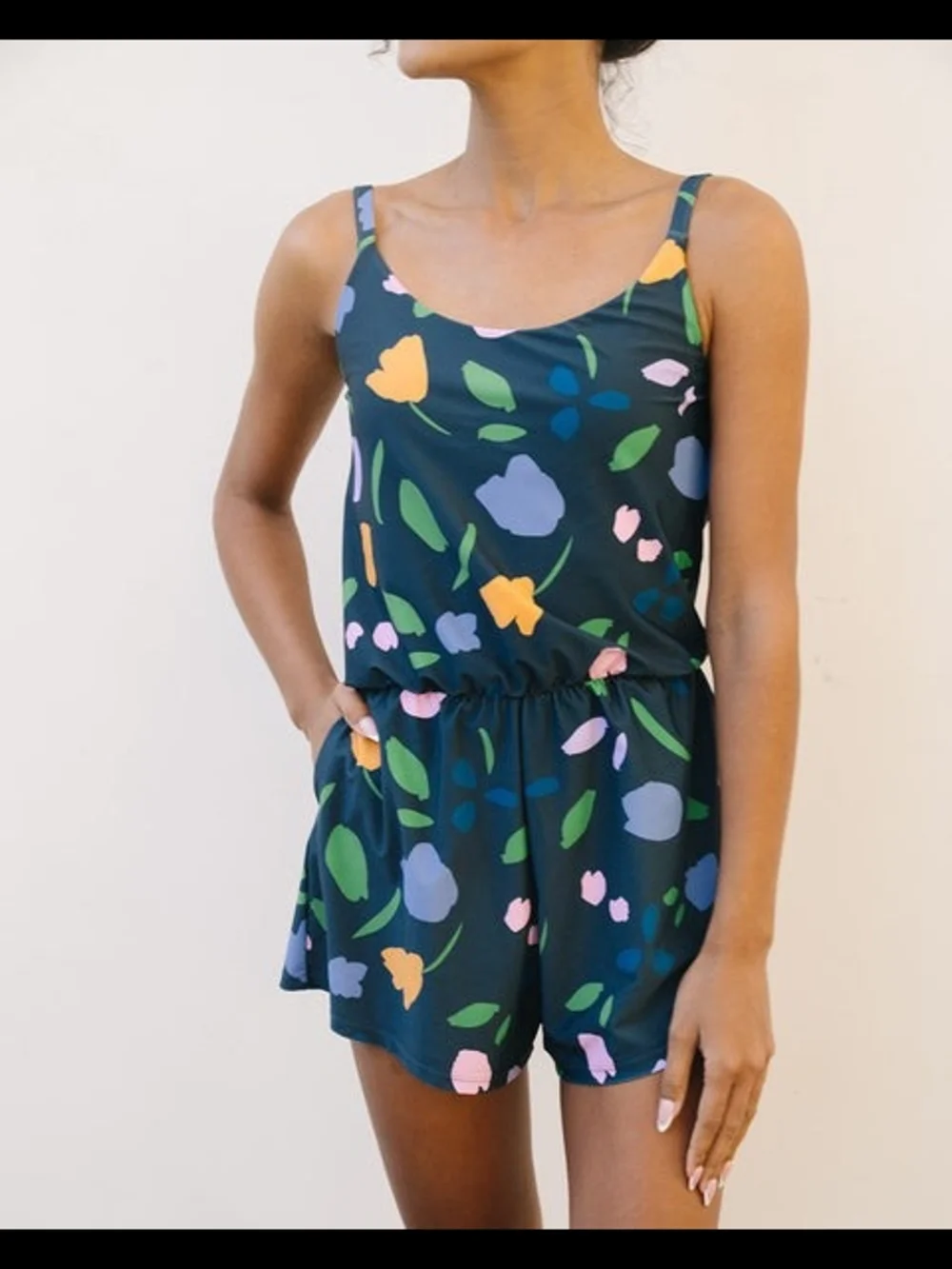 Designer Floral Navy Scoop-Neck One-Piece Swim Romper